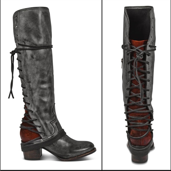 Freebird by Steven Shoes - Freebird by Steven Coal Knee High Leather Lace Up Boots Distressed Boho Western